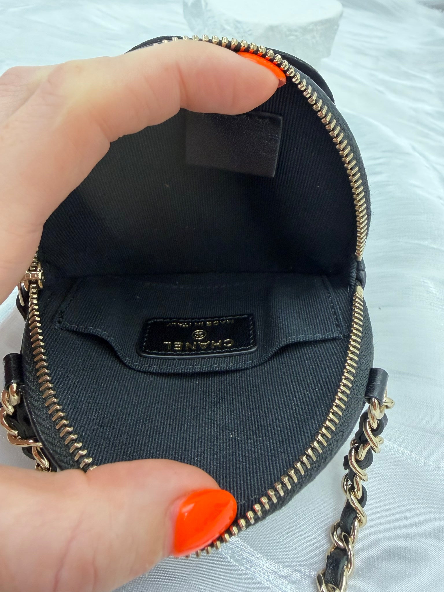 LIKE NEW- Chanel Black Lambskin Round Camellia Clutch on a Chain 