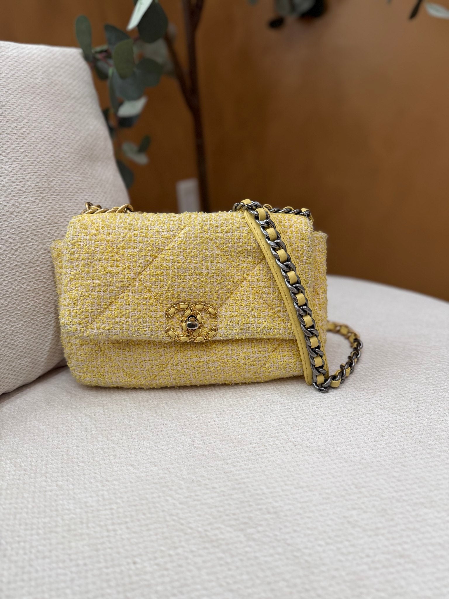 Chanel Yellow Tweed Medium Chanel 19 Flap Bag