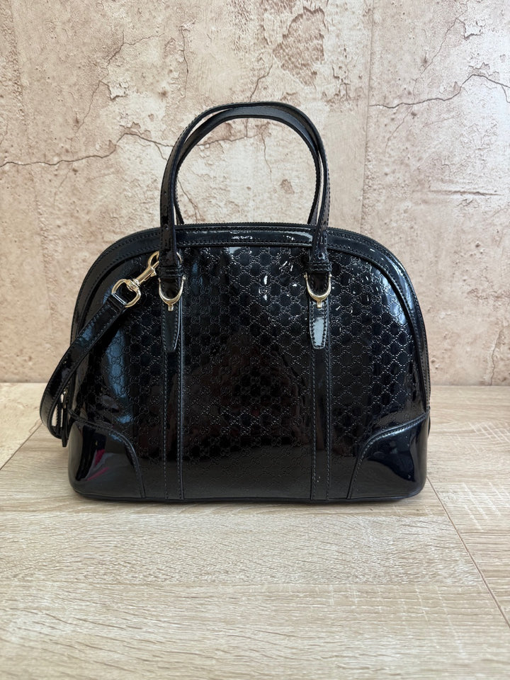 Gucci Black Patent Leather MicroGuccisima Medium Dome 2Way Bag