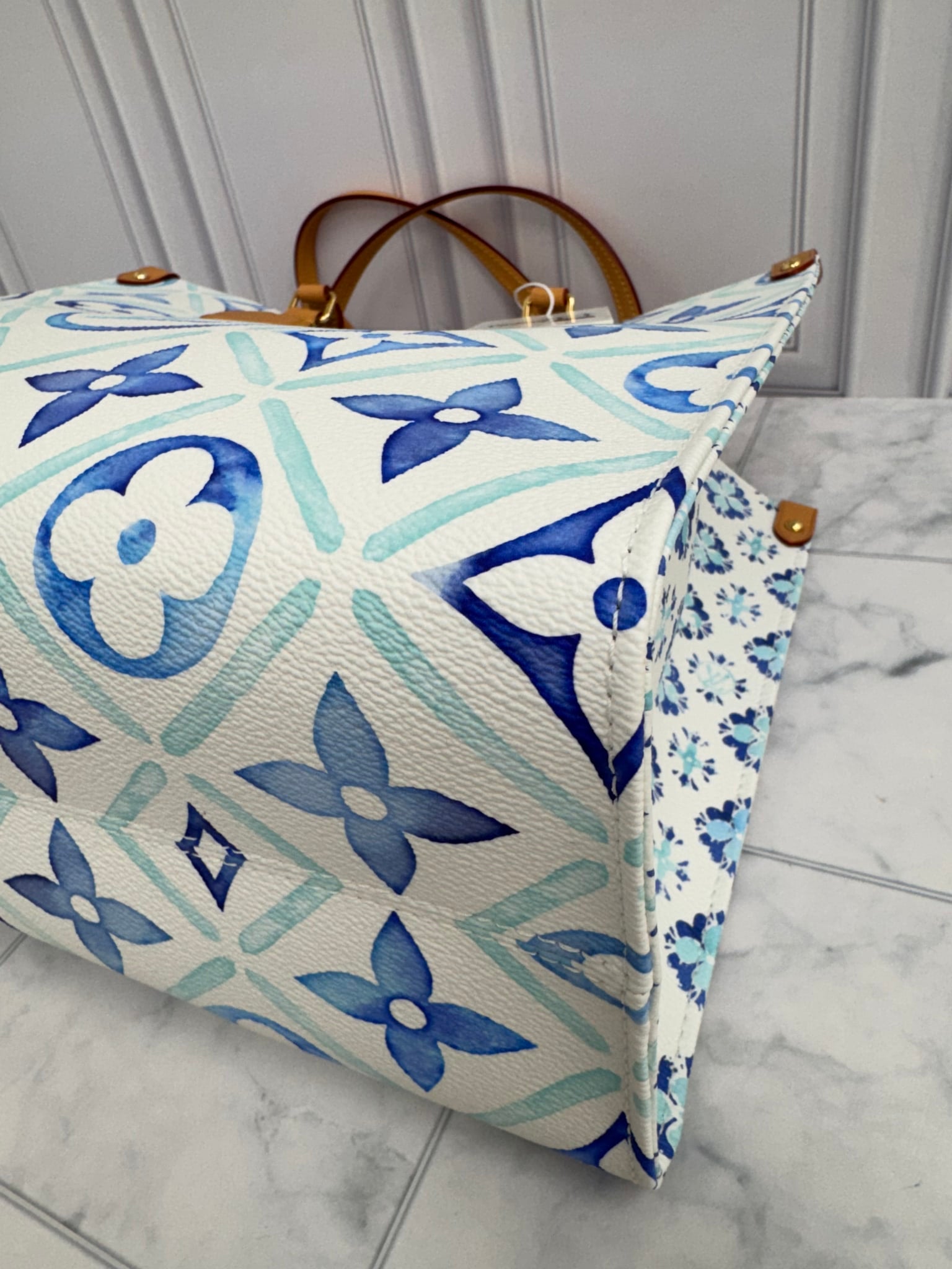 BRAND NEW - Louis Vuitton Lagoon Blue Monogram Tiles By The Pool On The Go Tote Bag MM 
