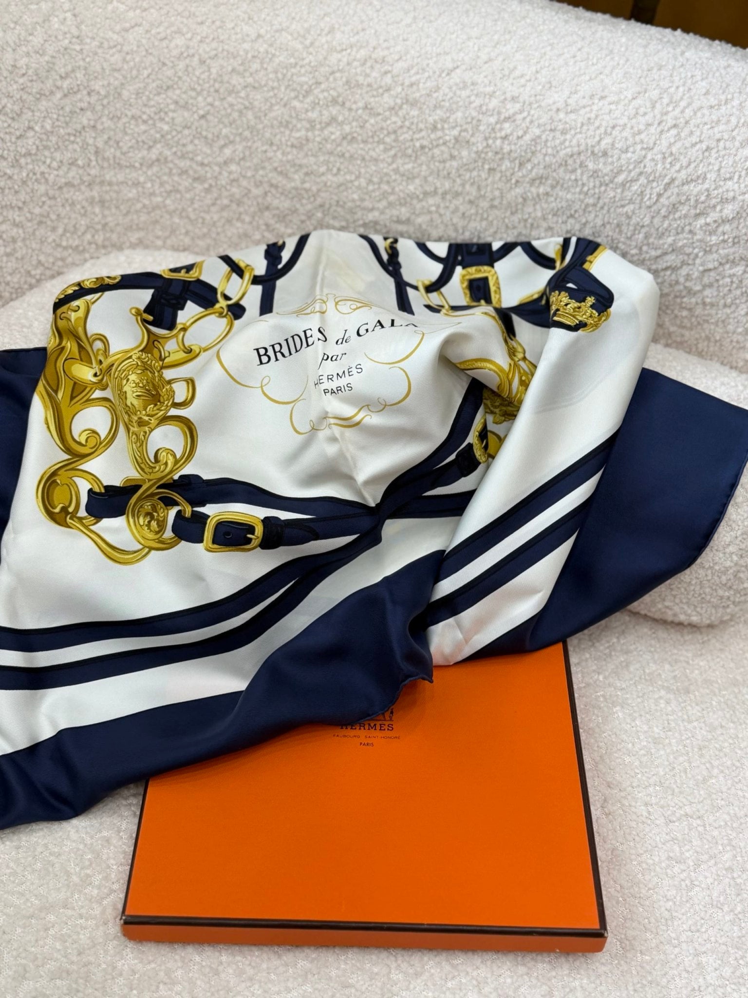 Hermes Navy And White Silk Scarf