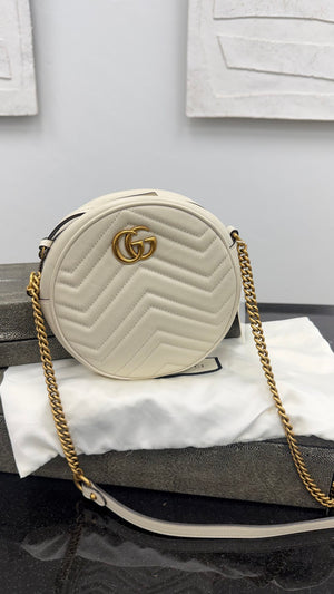 LIKE NEW - Gucci White Leather GG Marmont Round Crossbody Bag