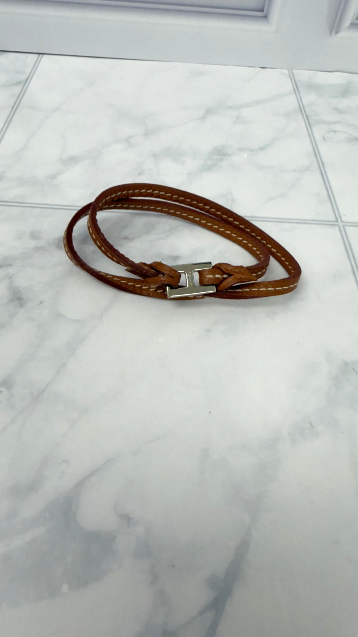 Hermes Brown Leather Double Wrap H Clasp Bracelet 