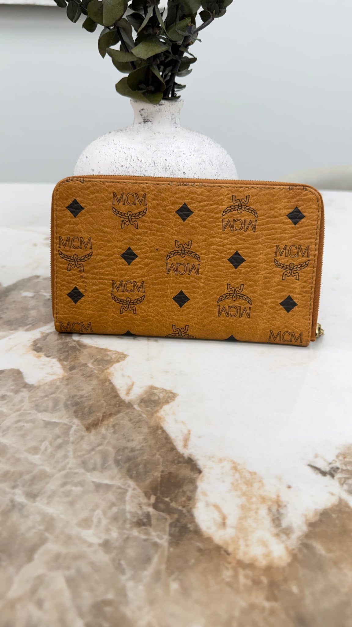 MCM Cognac Visetos Leather Zippy Wallet