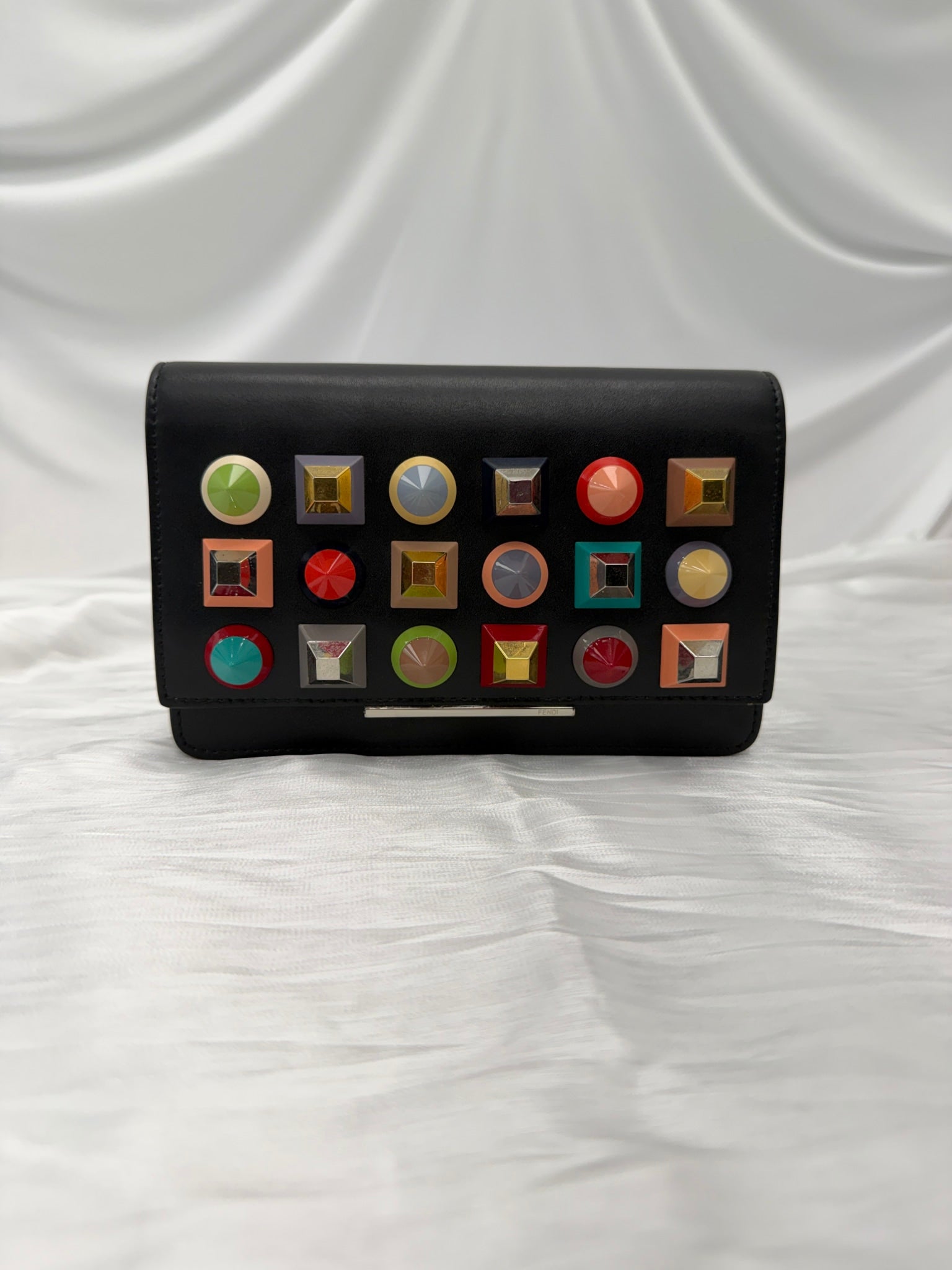 Fendi Black Leather Studded Chain Crossbody 