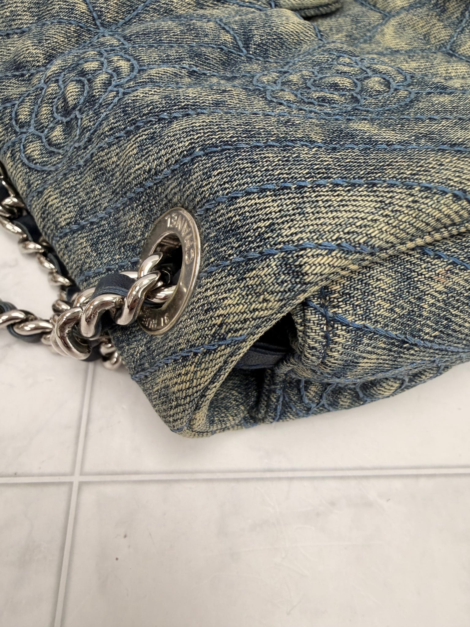 Chanel Denim Camellia Quilted Medium Flap Bag