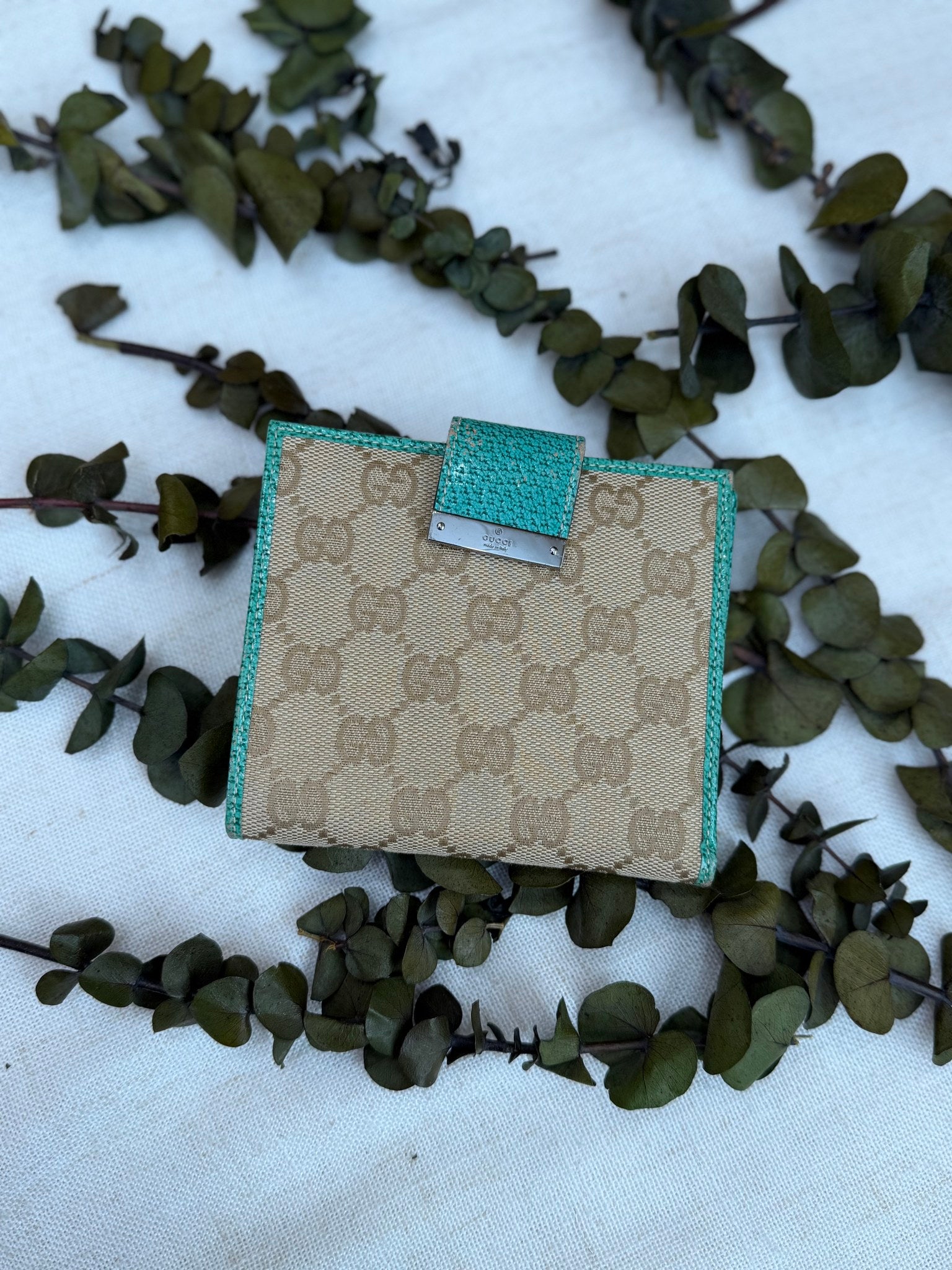 Gucci Tan GG Canvas & Teal Leather Compact Wallet