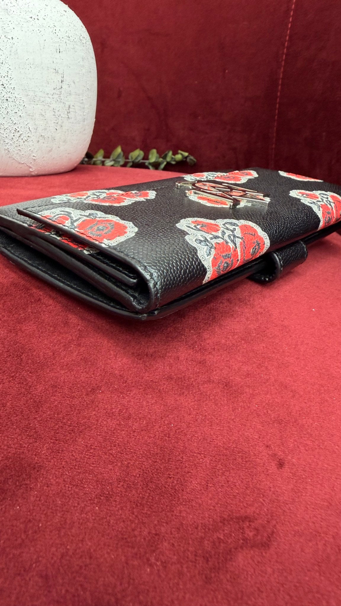 Alexander McQueen Black Pebbled Leather Rose Printed Long Wallet