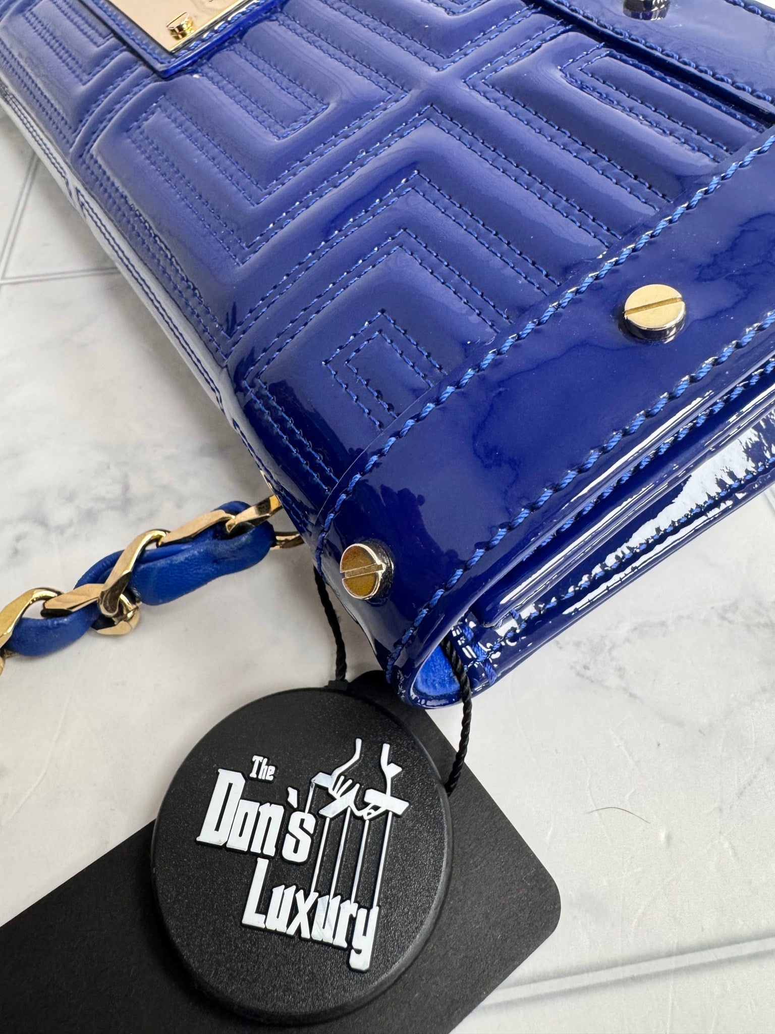 Versace Blue Quilted Patent Leather Flap Chain Shoulder Bag