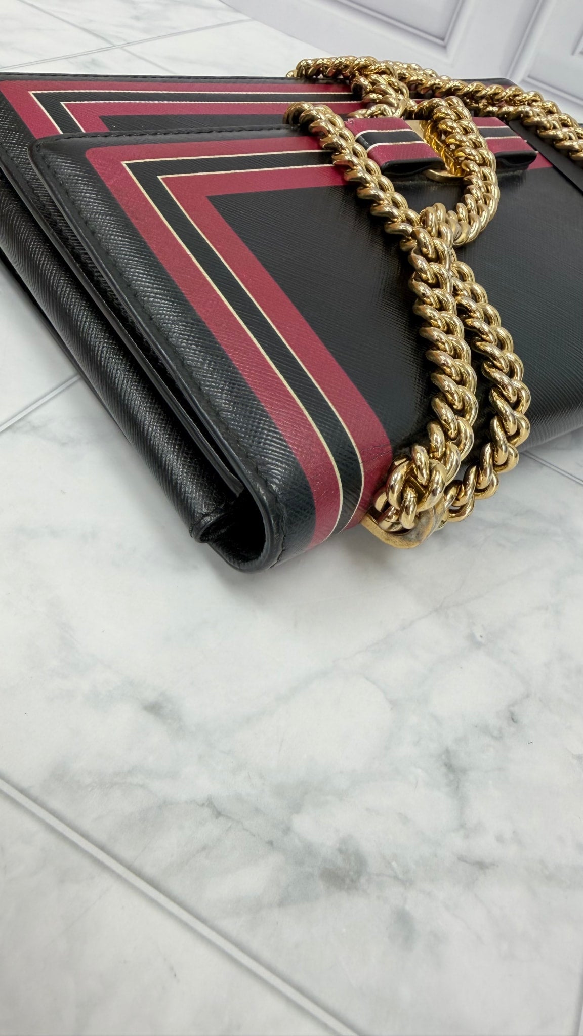 Salvatore Ferragamo Black Leather Pink Striped Chain Bag