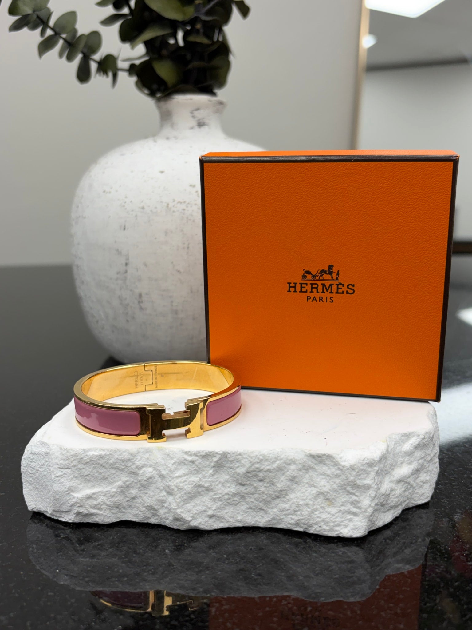 Hermes Gold Tone & Pink Clic H Braclet