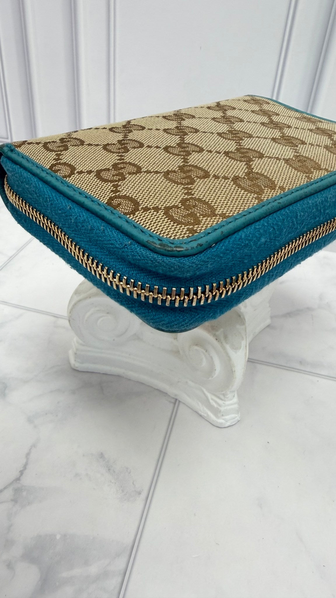 Gucci GG Canvas & Teal Leather Compact Zippy Wallet