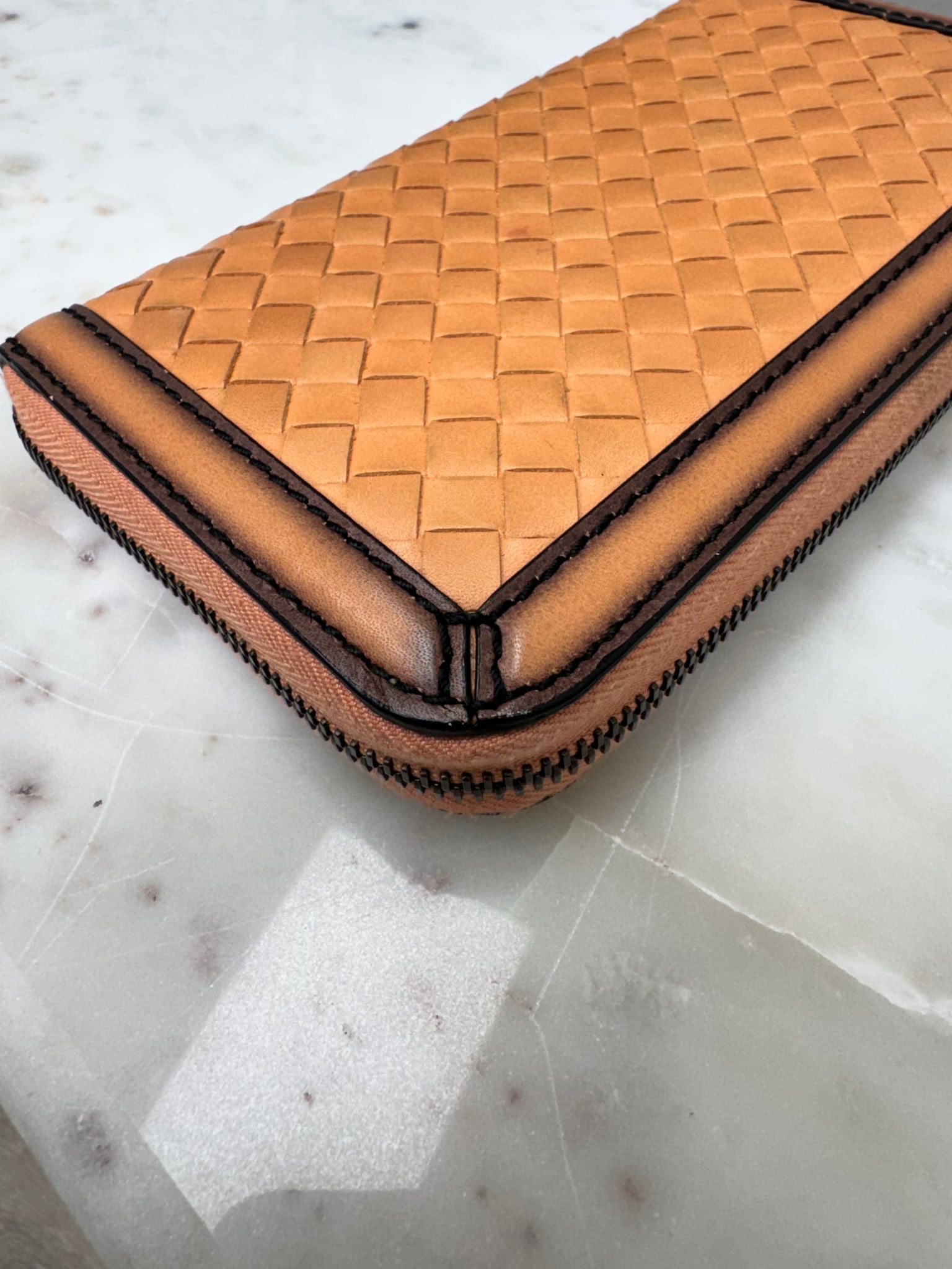Bottega Veneta Tan And Leather Trim Intrecciato Leather Zippy Wallet
