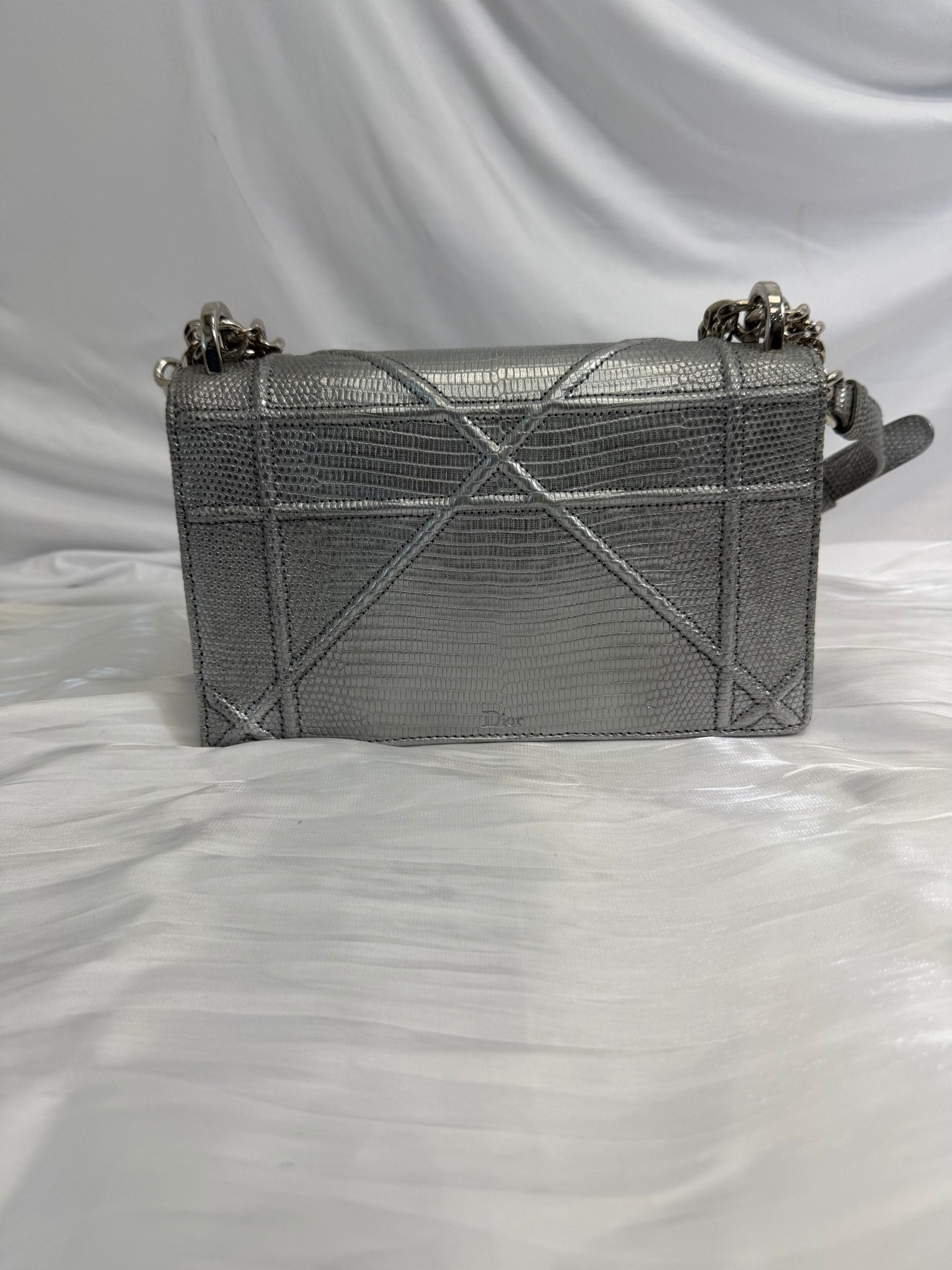 Christian Dior Metallic Silver Lizard Embossed Small Diorama Flap Bag