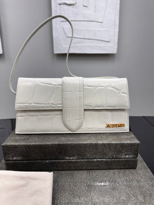 LIKE NEW - Jacquemus White Croc Embossed Leather Le Bambino Long Shoulder Bag