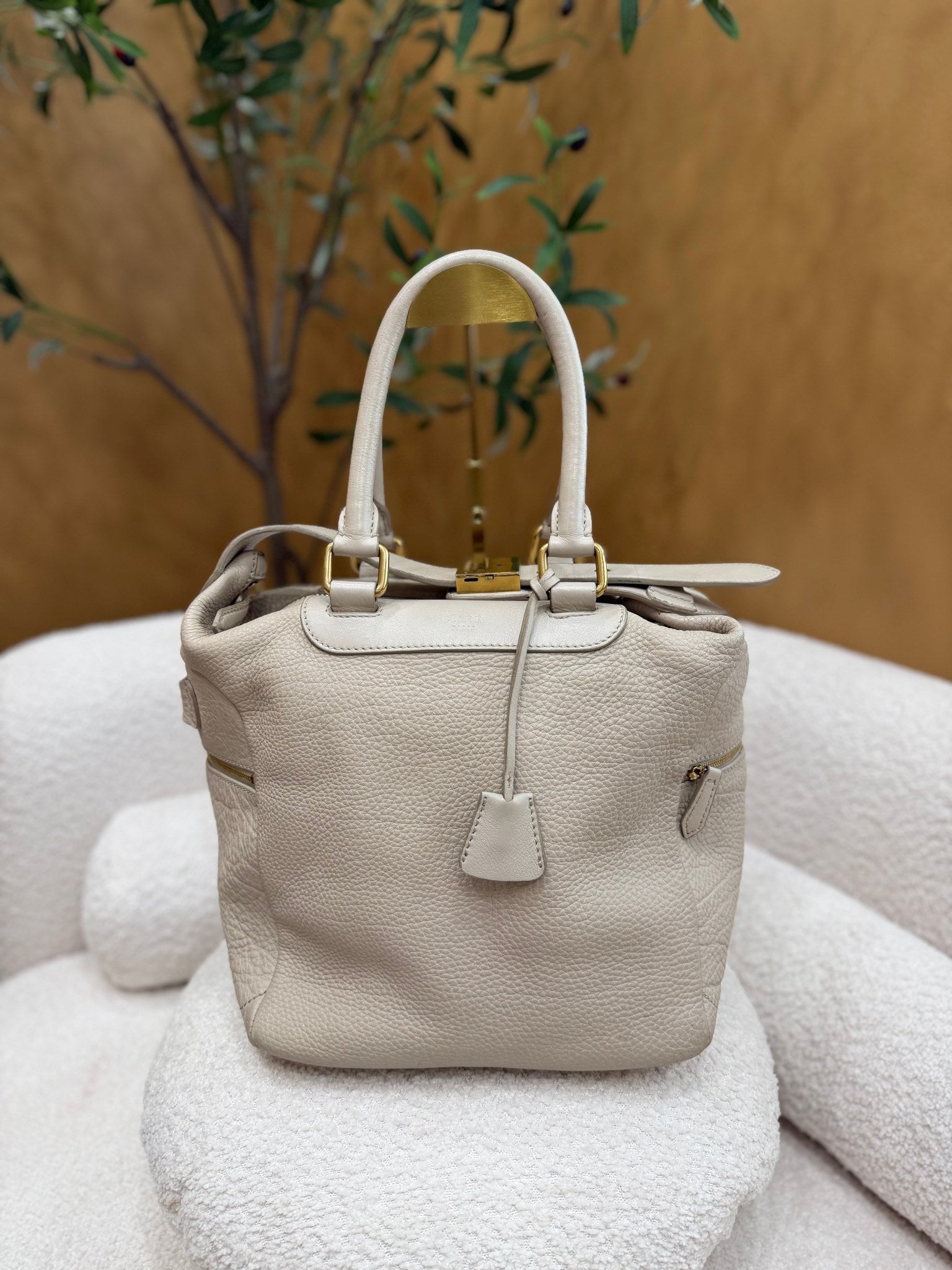 Celine Cream Pebbled Leather Top Handle Lock Bag