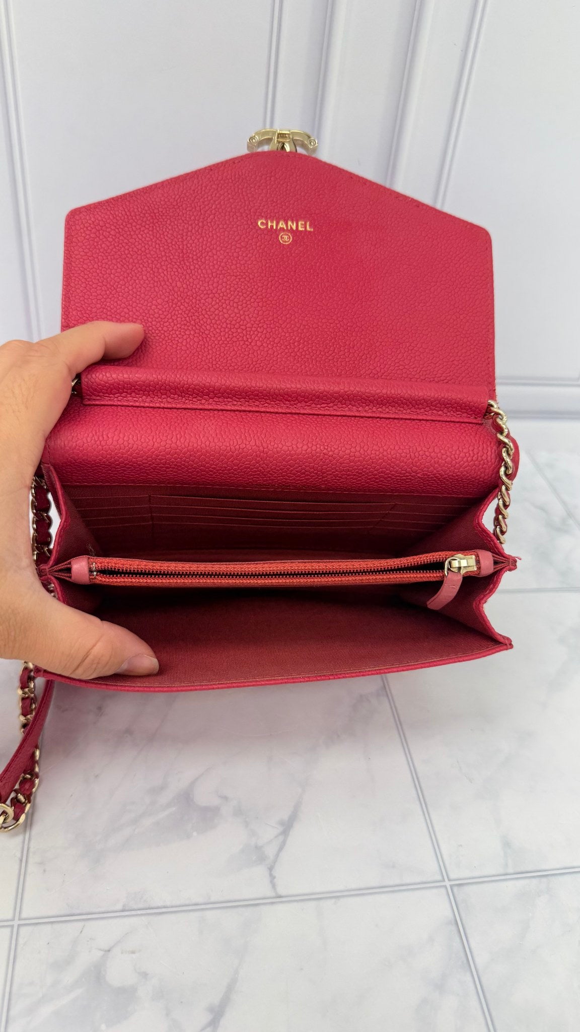Chanel Pink Caviar Leather Wallet on A Chain 