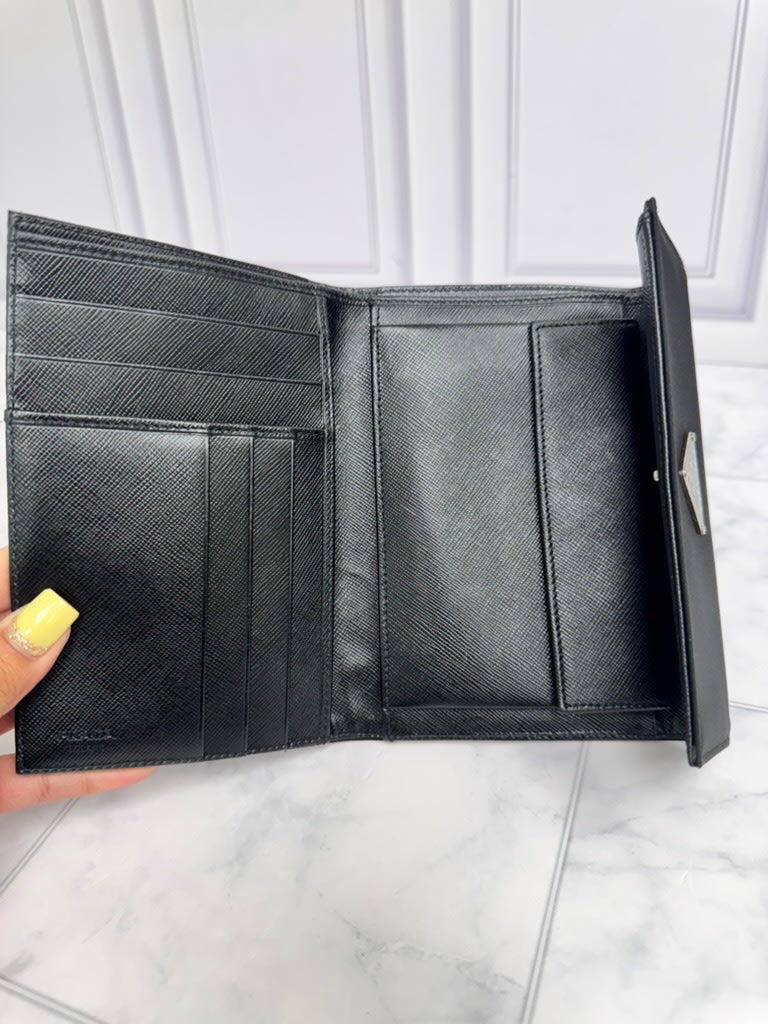 Prada Black Nylon Trifold Compact Wallet