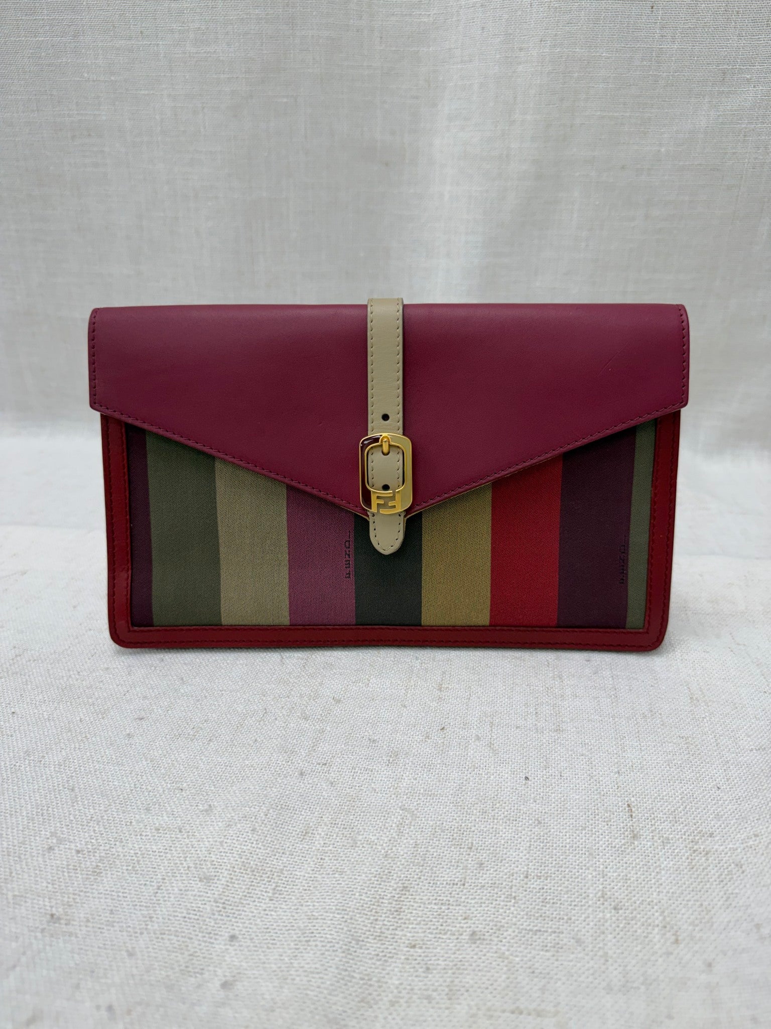 Fendi Magenta Leather & Pequin Canvas Envelope Clutch