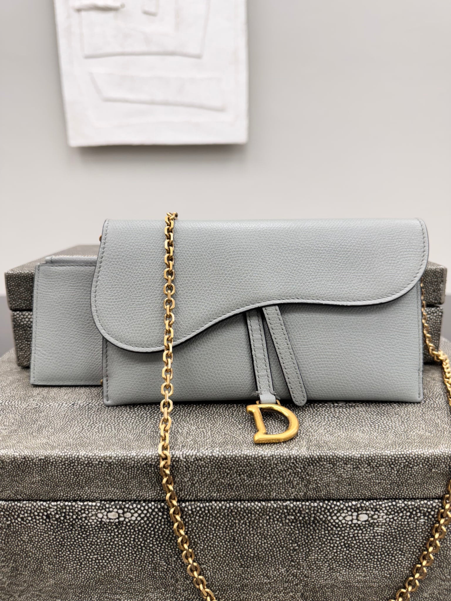 Christian Dior Grey Grained Leather Saddle Wallet On A Chain