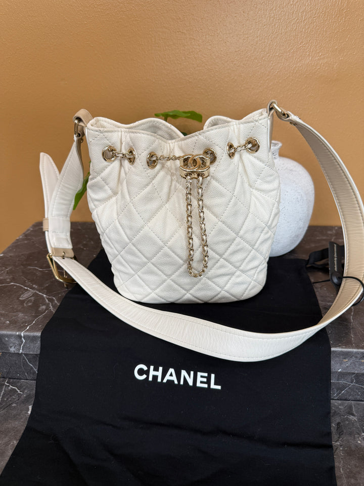 Chanel Ivory Caviar Leather Drawstring Bucket Bag