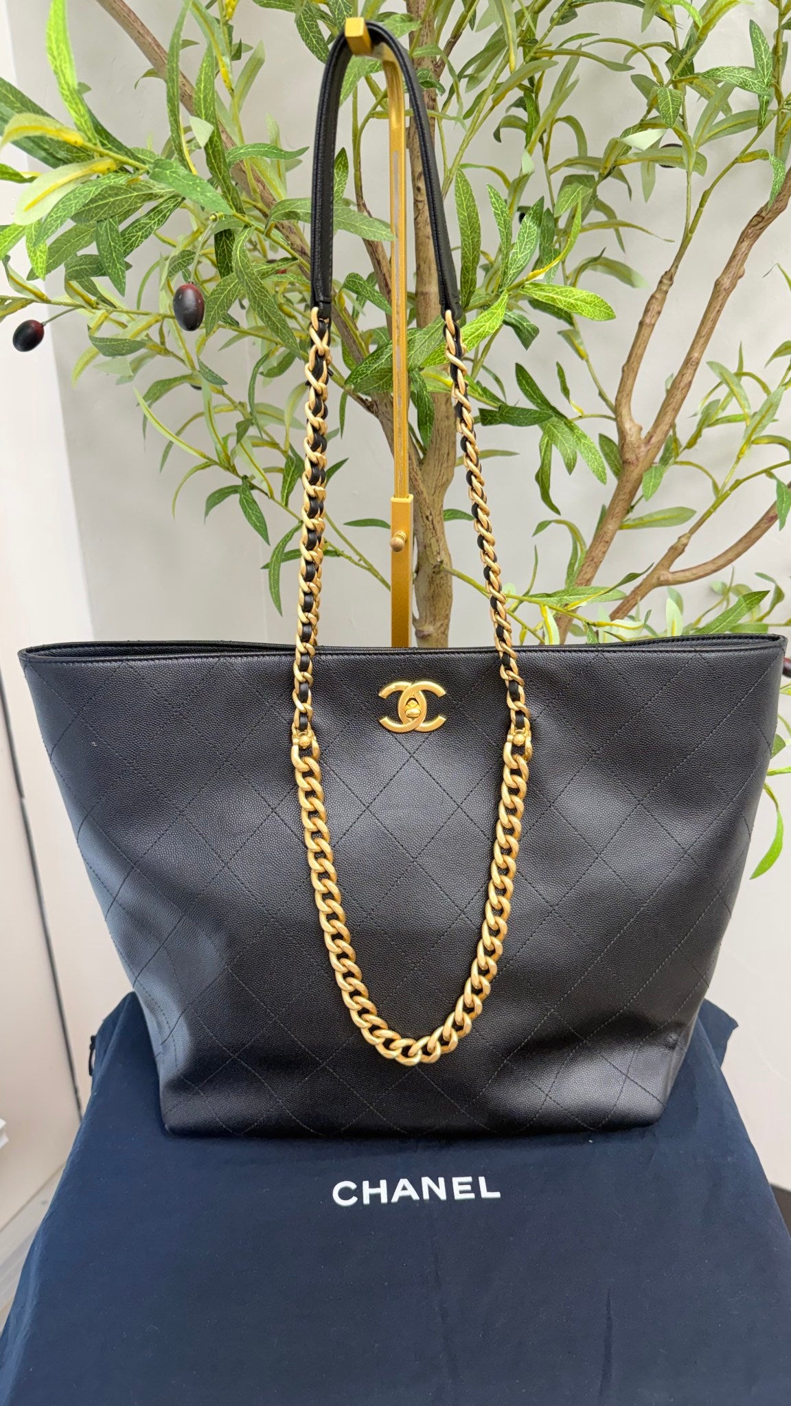 Chanel Black Caviar Leather Chain Shopping Tote Bag 