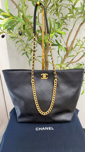 Chanel Black Caviar Leather Chain Shopping Tote Bag