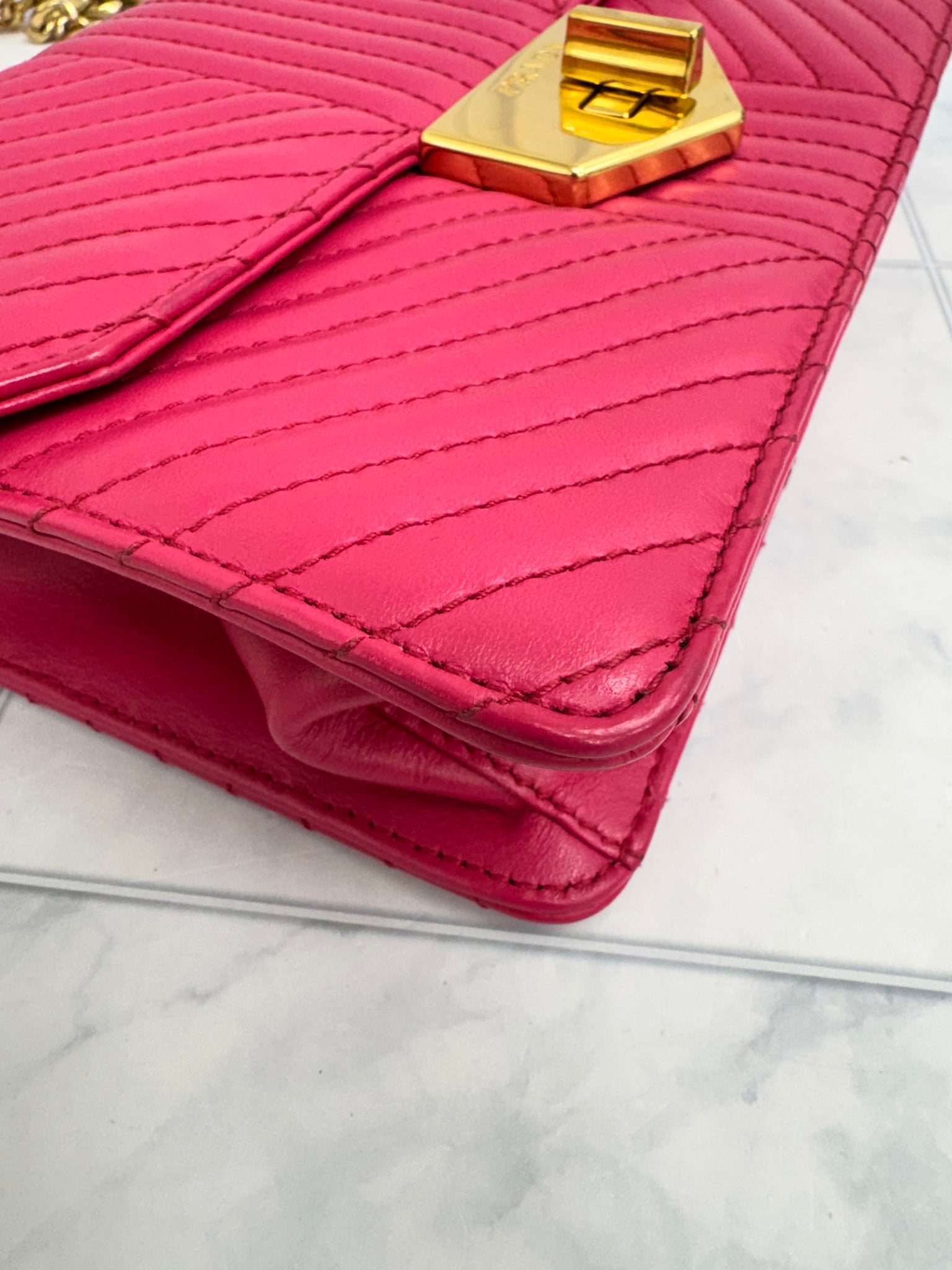 Prada Pink Chevron Quilted Calfskin Turn Lock Flap Bag