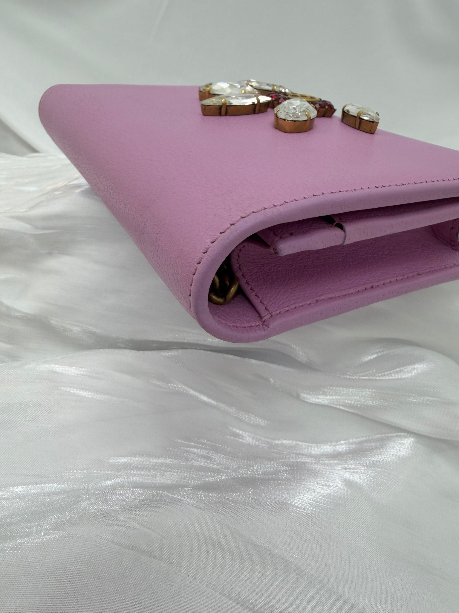 Gucci Pink Leather Marmont Marquise Crystal Wallet on a Chain