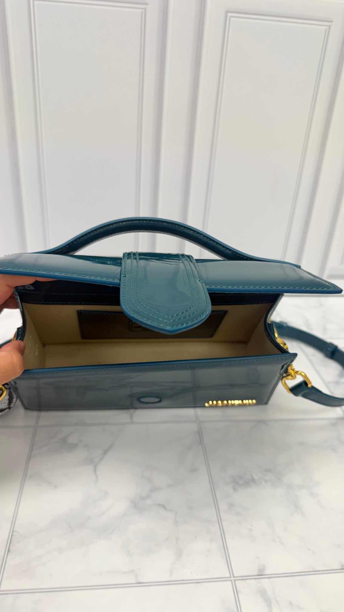 BRAND NEW - Jacquemus Turquoise Patent Leather Le Grand Bambino Handbag 2Way Handbag