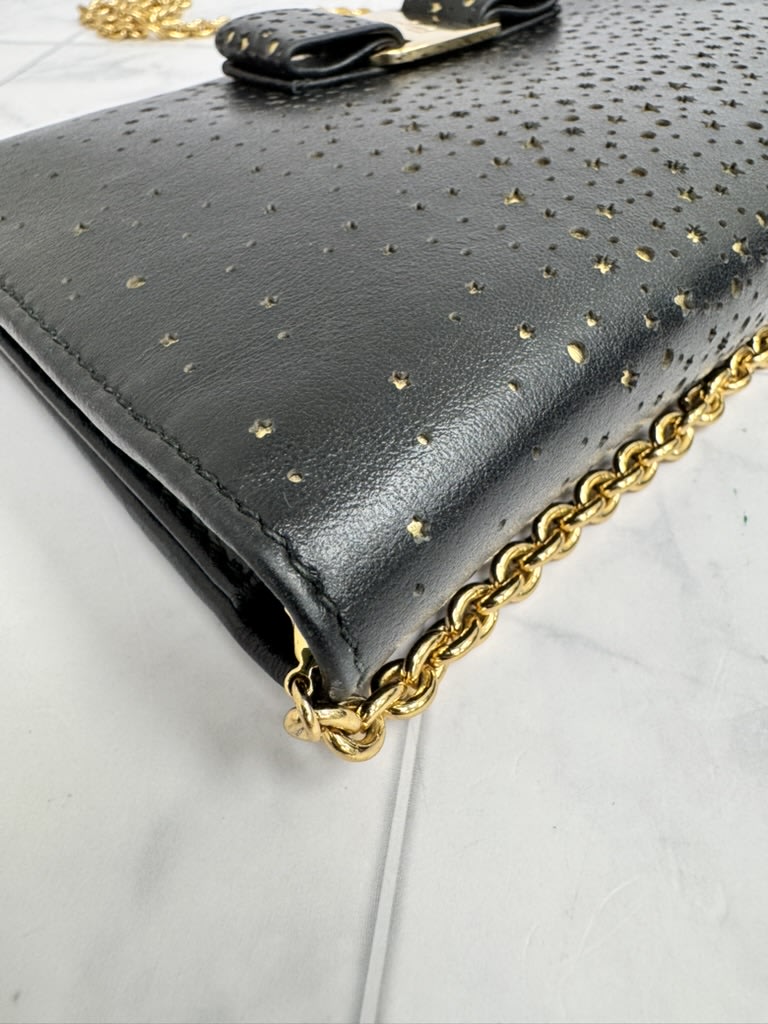 Salvatore Ferragamo Black Leather And Gold Perforated Stars Vara Wallet On A Chain