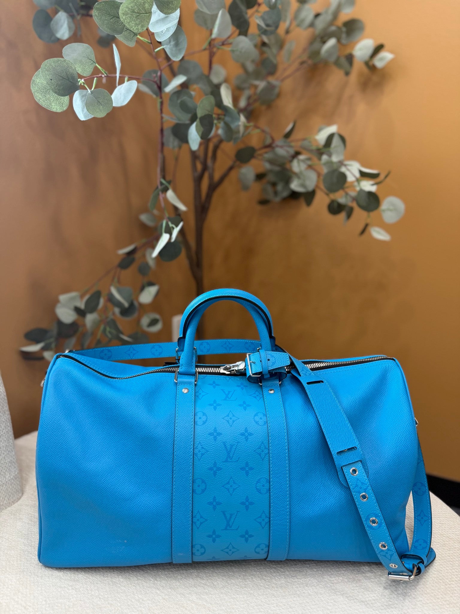 Louis Vuitton Bright Blue Monogram Keepall Bandouliere 50 Duffle Bag 