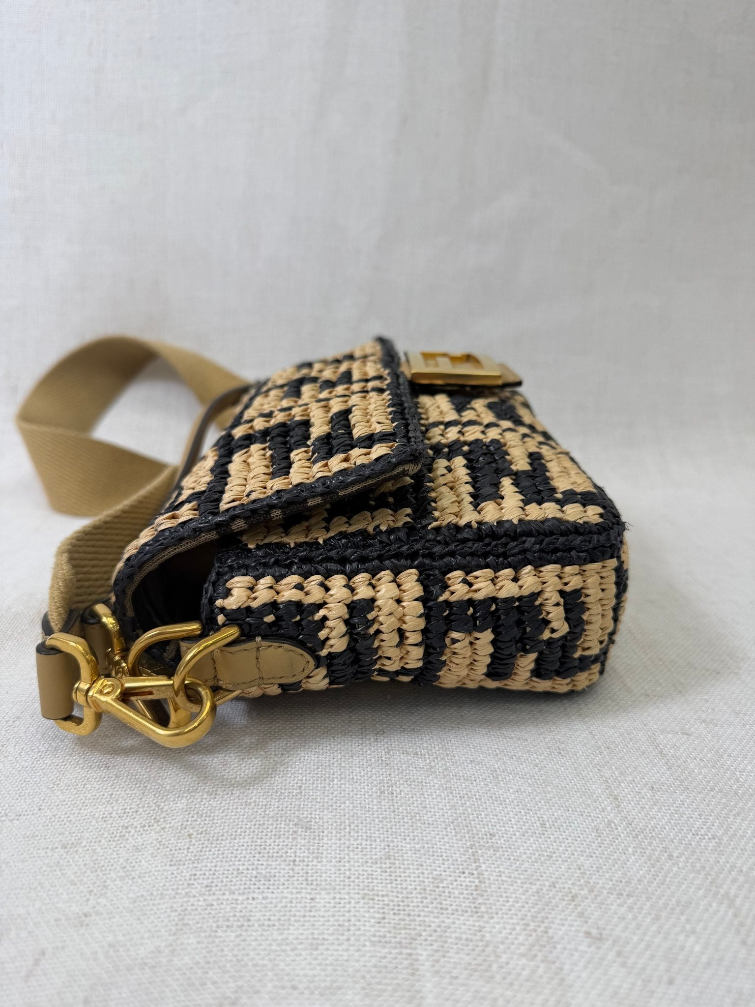 Fendi Navy And Tan Raffia FF Vitello Grace Baguette Handbag 