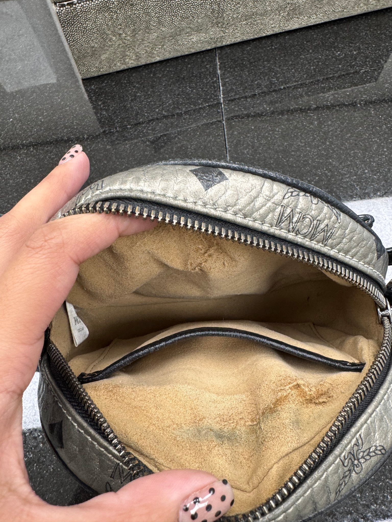 MCM Metallic Silver Visetos Leather Studded Round Crossbody Bag