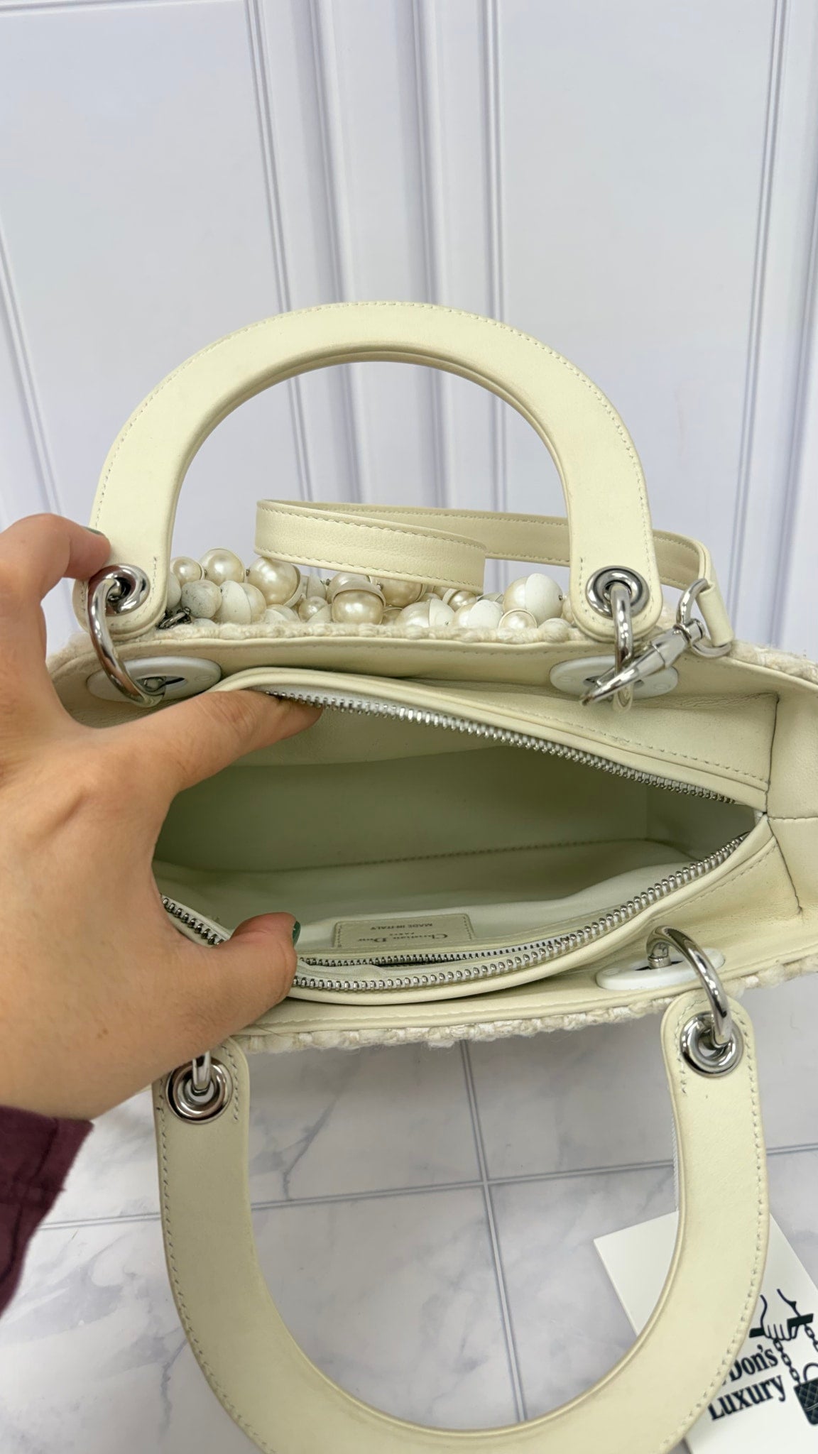 Christian Dior Ivory Tweed And Pearl Lady Dior Handbag 