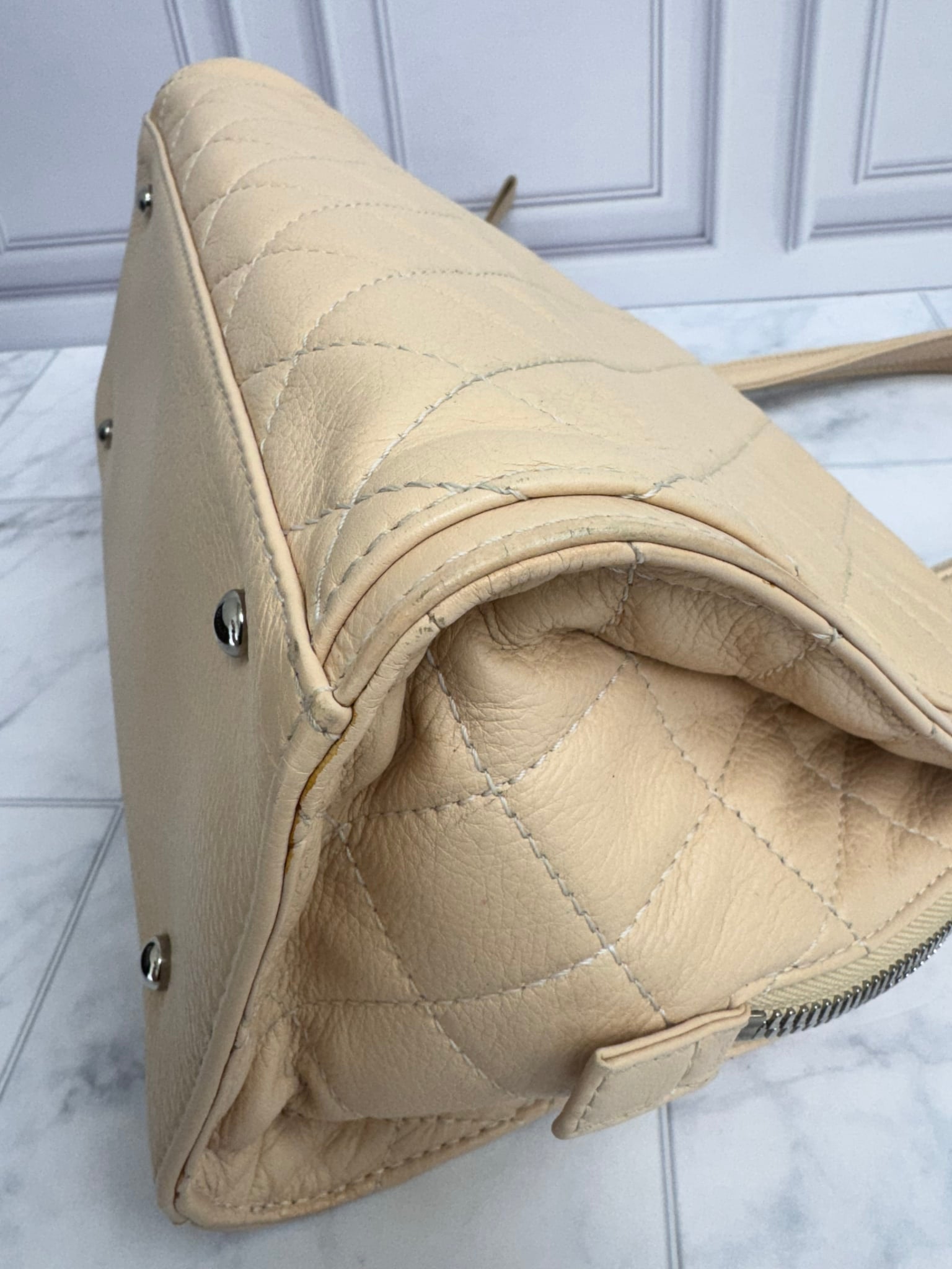 Chanel Beige Vintage Quilted Grained Leather Shoulder Bag