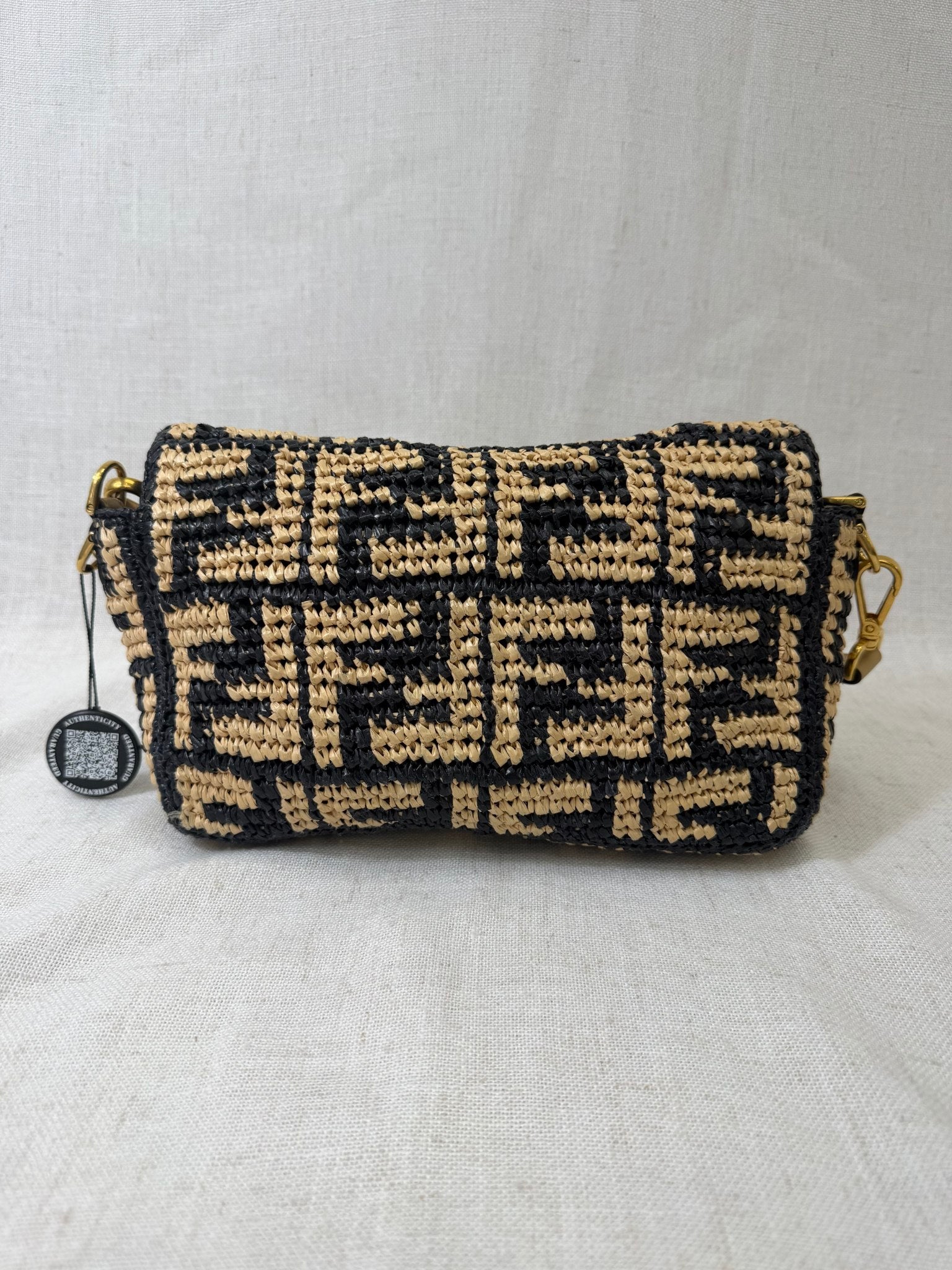 Fendi Navy And Tan Raffia FF Vitello Grace Baguette Handbag 