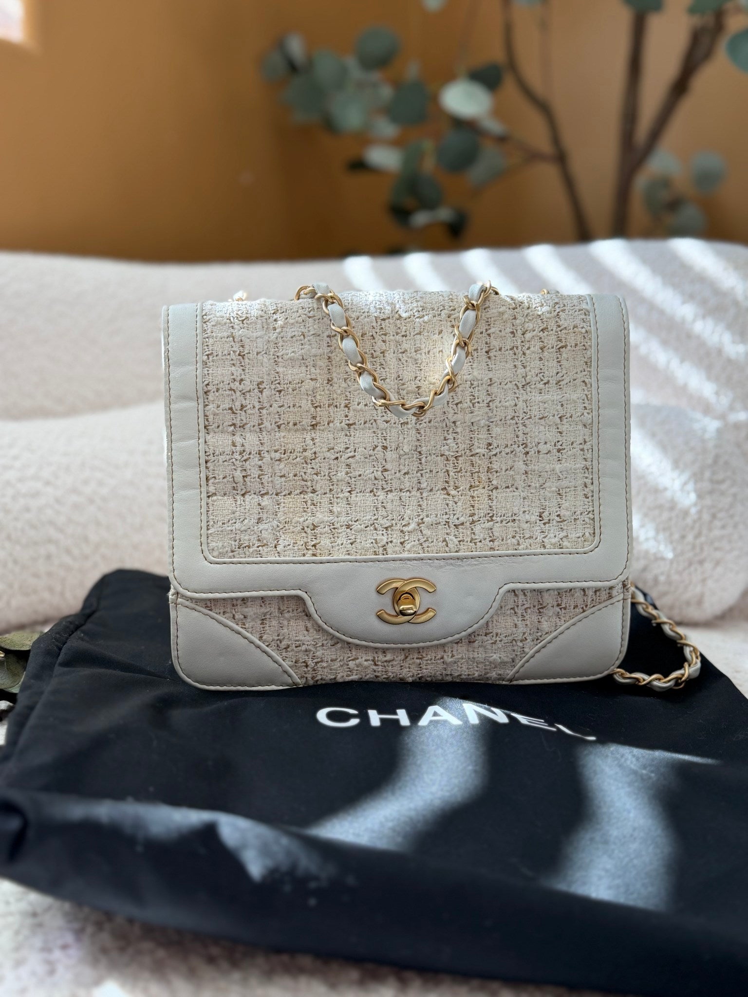 Chanel Ivory Tweed x White Leather Square Flap Bag