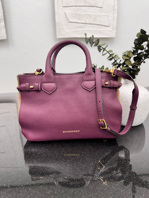 Burberry Maroon Grained Leather Small Tote Bag