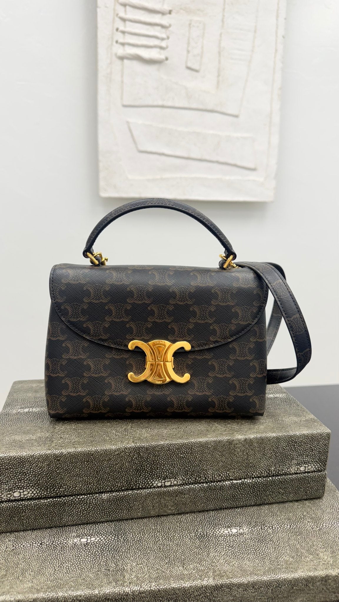 LIKE NEW - Celine Black Triomphe Canvas Teen Nino Bag
