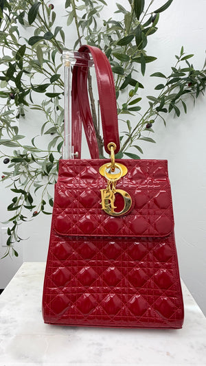 Christian Dior Red Quilted Patent Leather Backpack