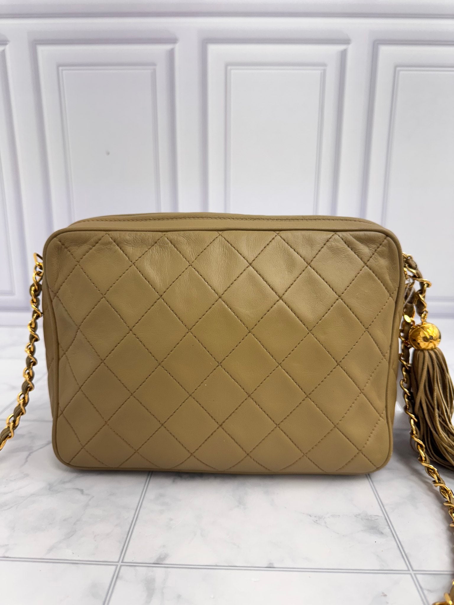 Chanel Khaki Quilted Lambskin Medium Flap Camera Bag 