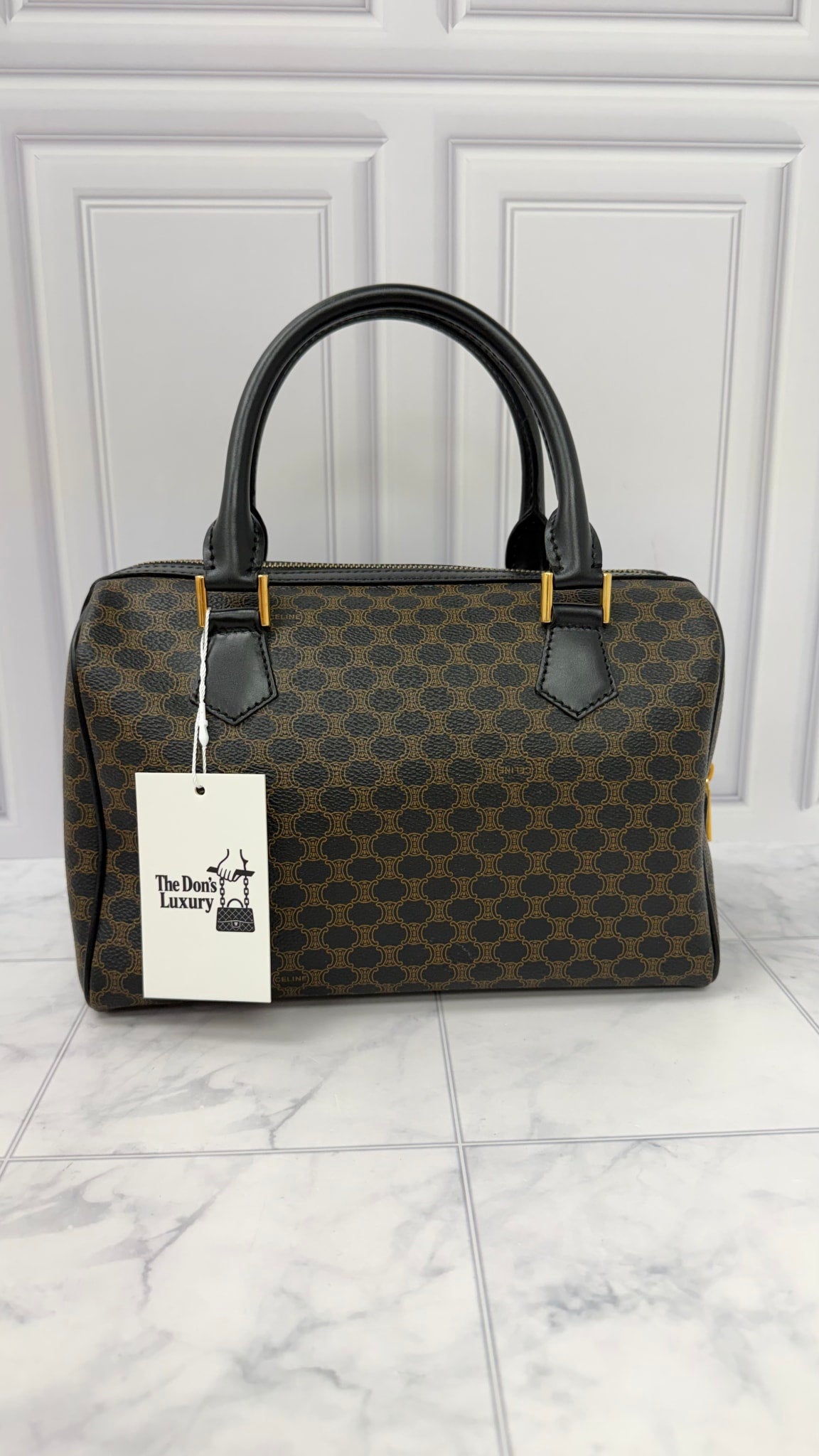 Celine Black Coated Canvas Macadam Boston Bag