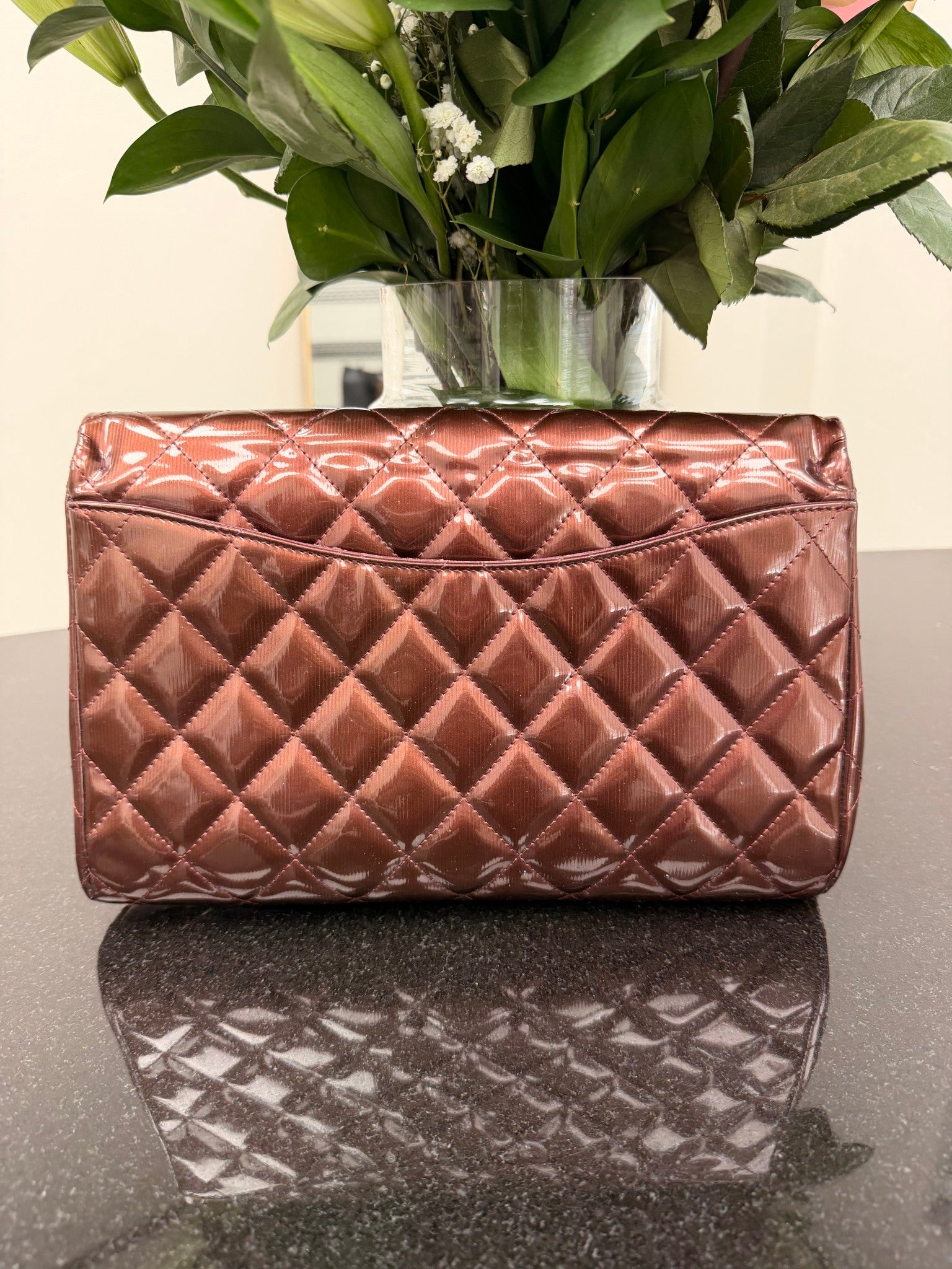 Chanel Burgundy Patent Leather Matelasse Clutch on a Chain