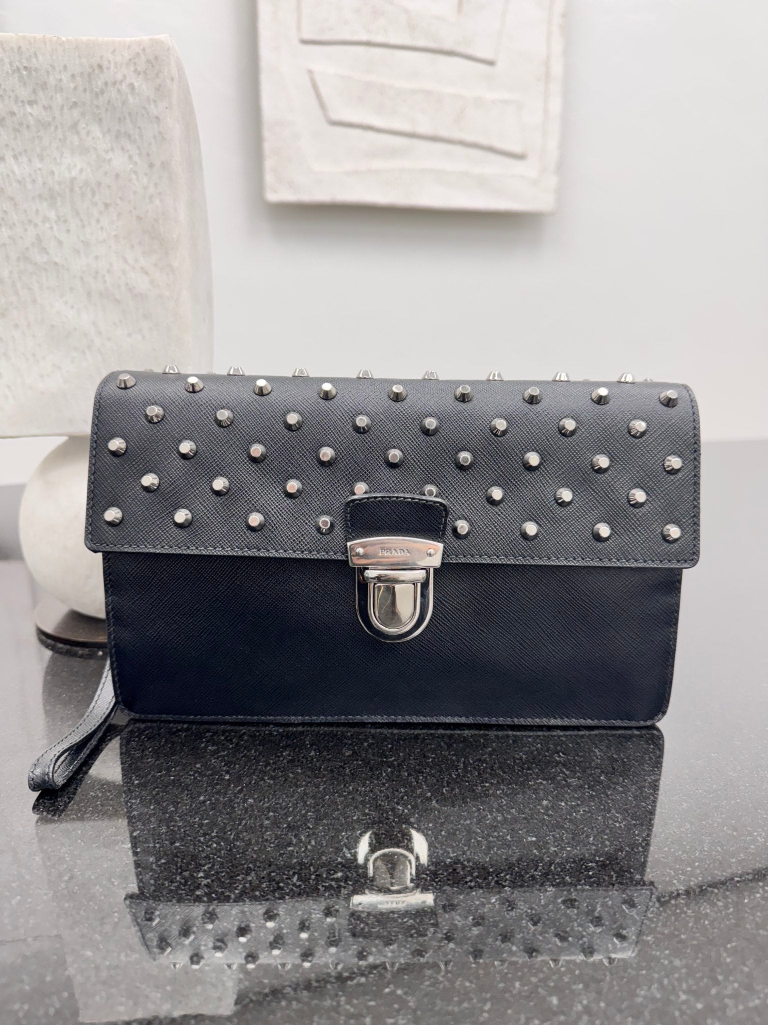 Prada Black Studded Saffiano Leather Clutch Bag