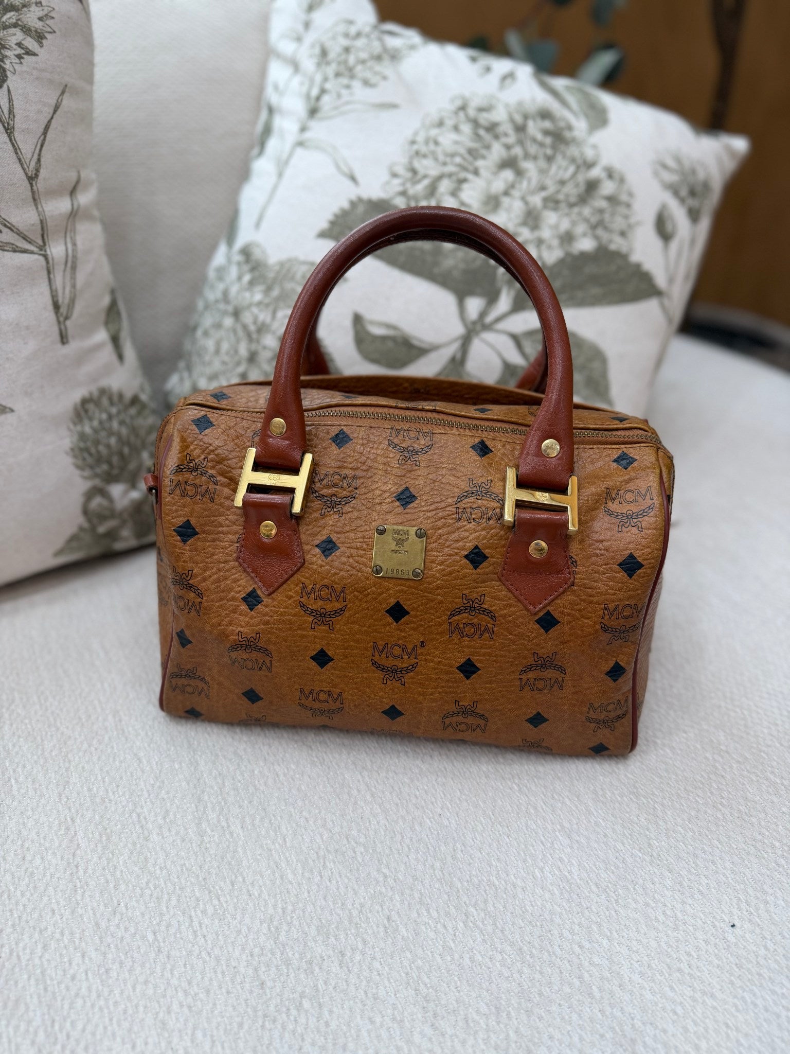 MCM Brown Coated Canvas Boston Bag