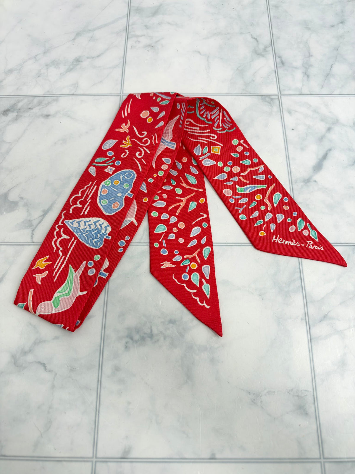 Hermes Red Silk Isola Di Primavera Twilly