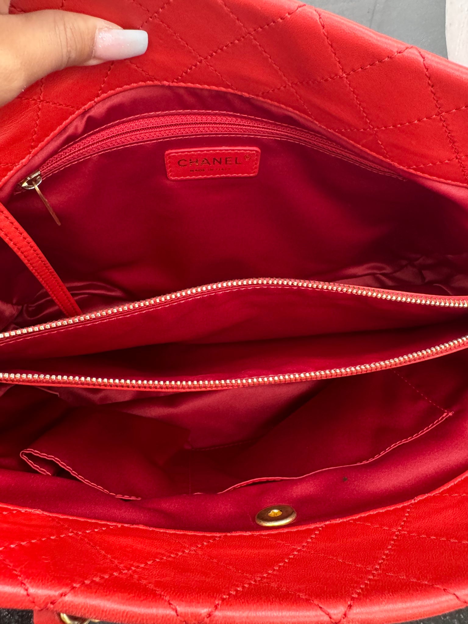 Chanel Red Quilted Lambskin Leather Front Pocket Shopping Tote