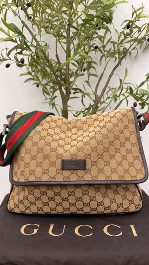 Gucci Monogram Canvas GG Web Flap Messenger Bag