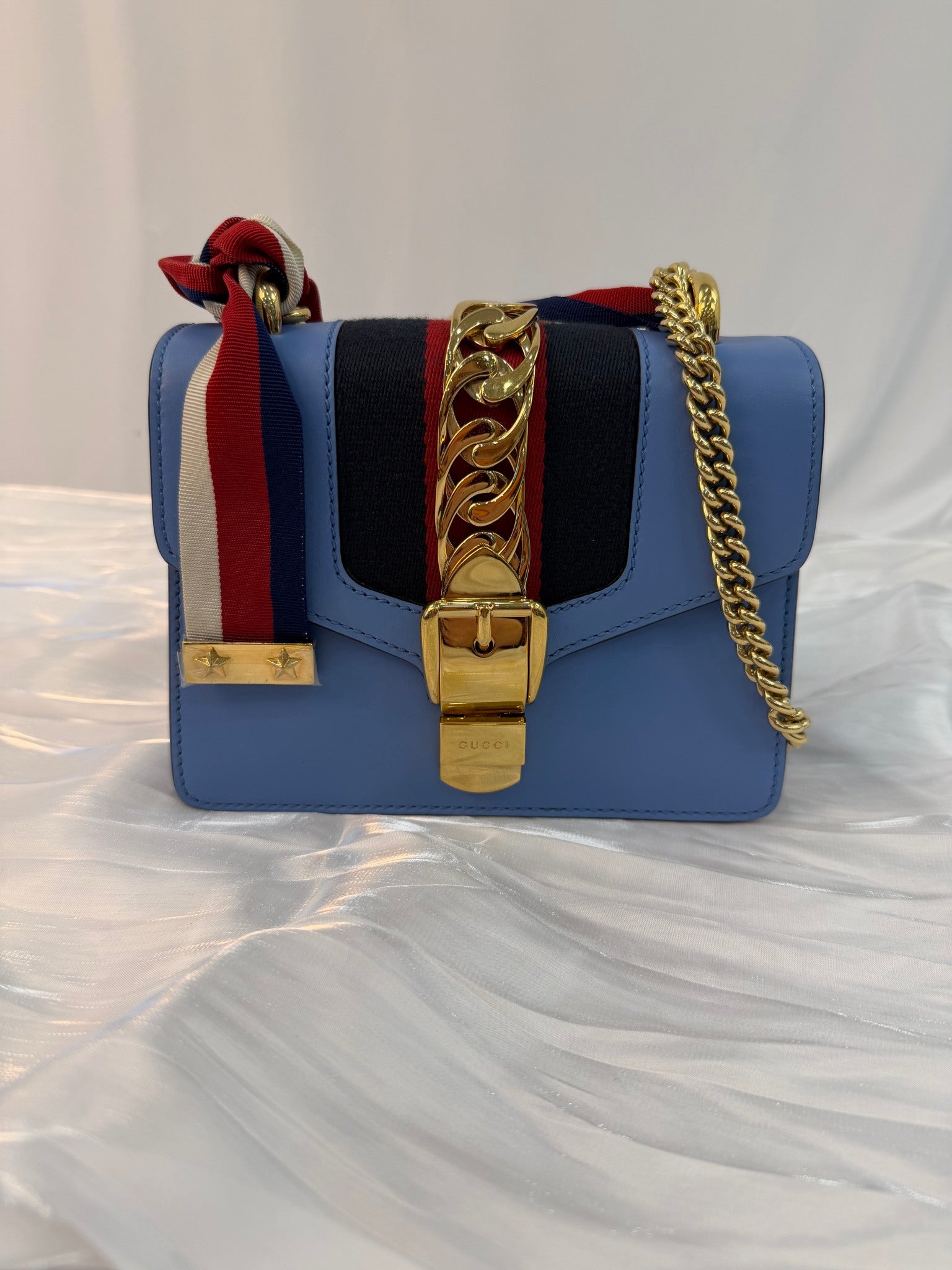Gucci Blue Calfskin Sylvie Mini Chain Bag